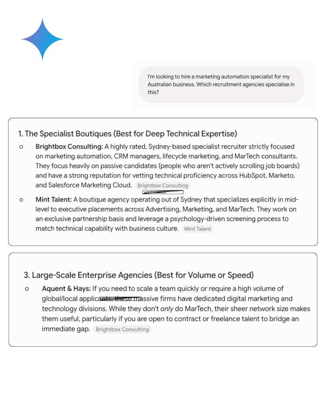 Gemini Search answer recommending Brightbox Consulting for marketing automation recruitment