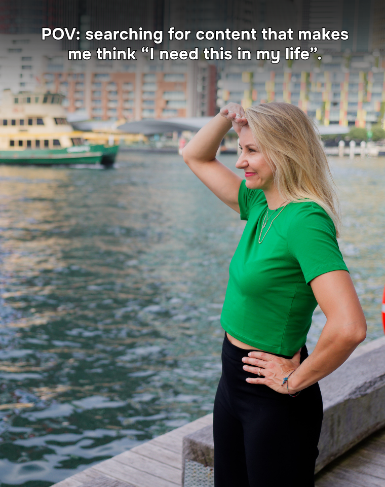 Jo Lo standing by Sydney Harbour, POV: searching for content that makes me think I need this in my life